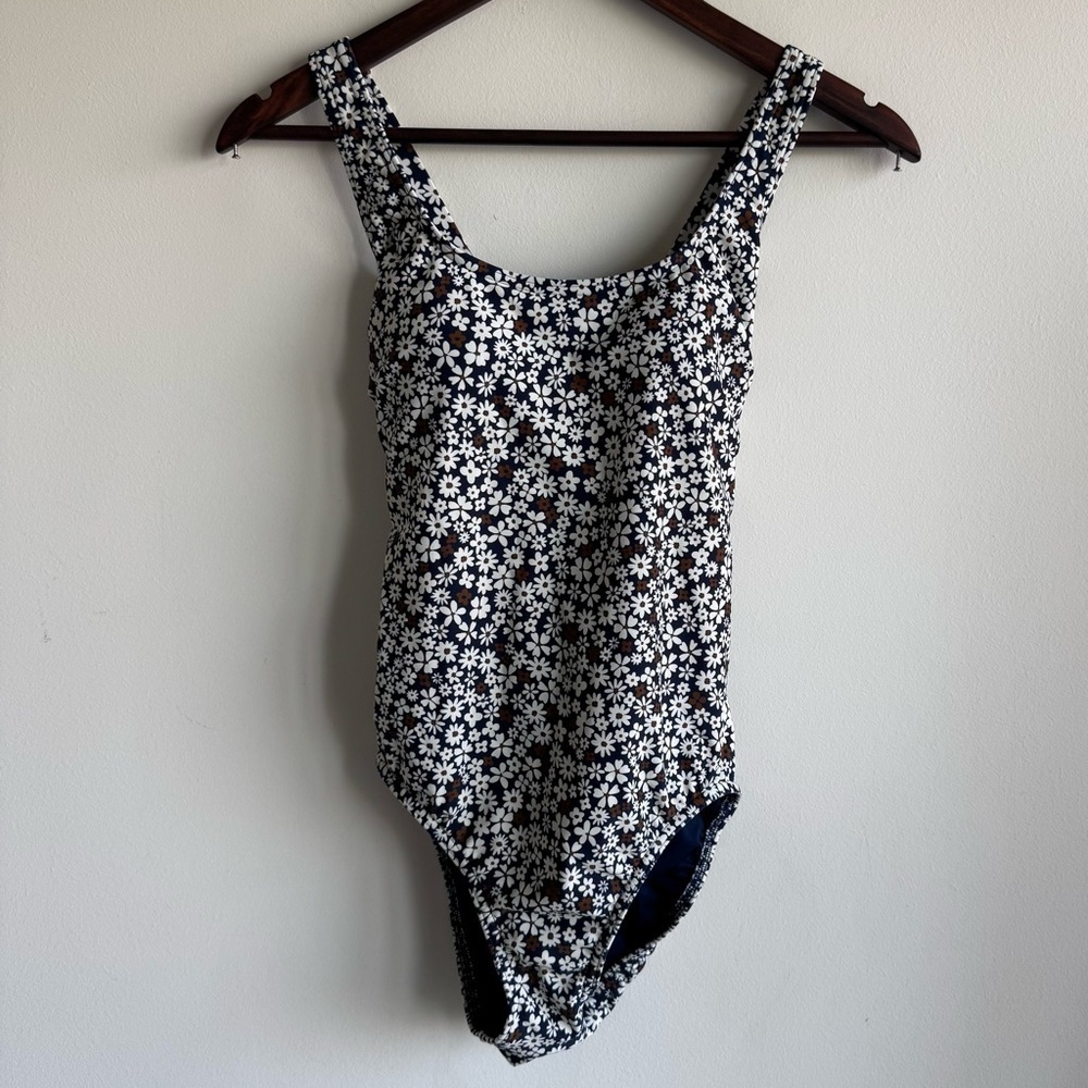 Land's End Deep Sea Navy Ditsy Floral Tugless X-Back One Piece Swimsuit Size 4